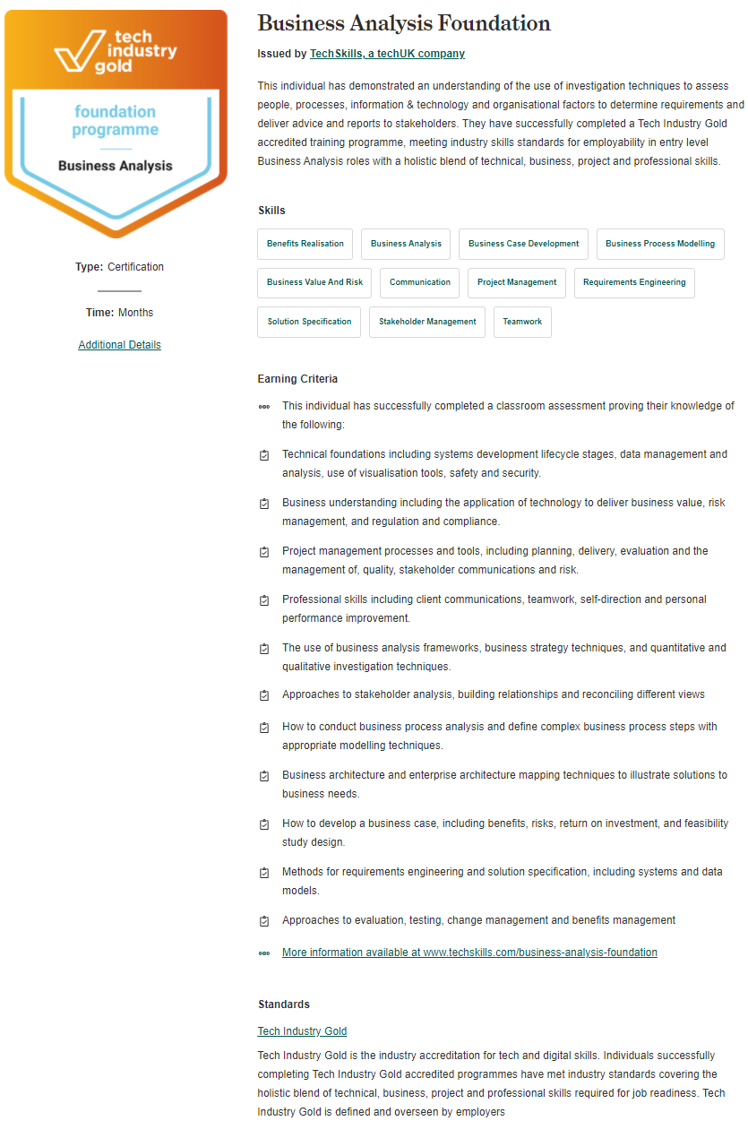 TIG FDM Business Analysis Foundation Credentials (screenshot)